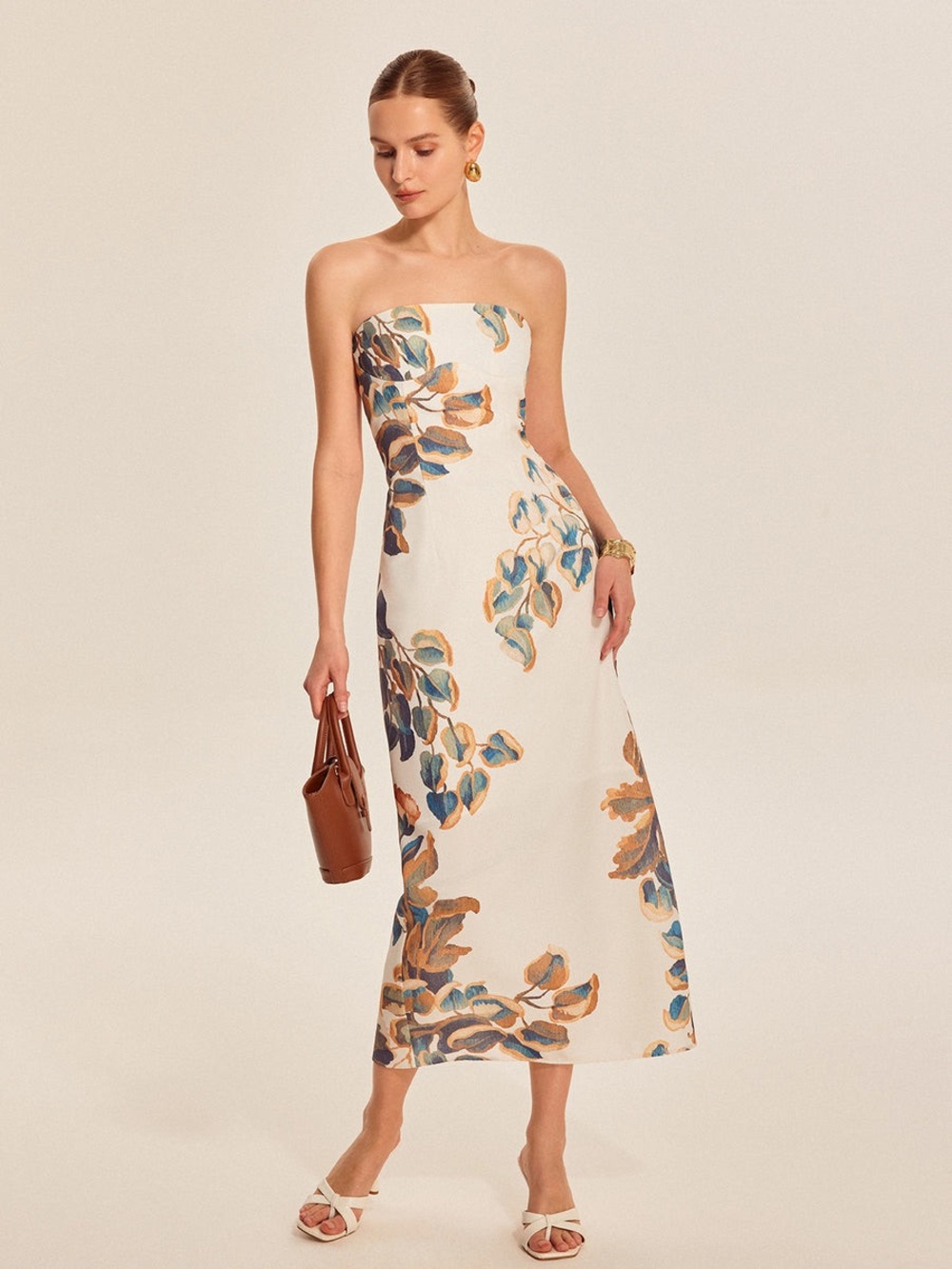 COMMENSE Strapless Floral Midi Dress